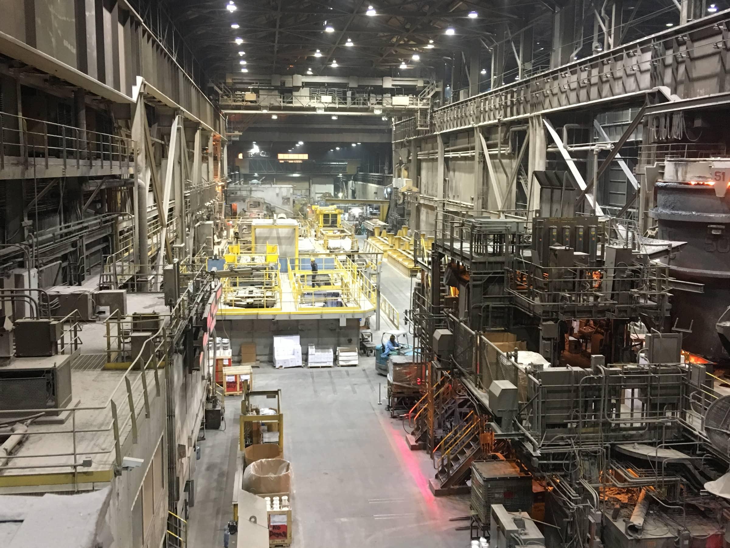 Melt-shop aisle seen from the elevated walkway
